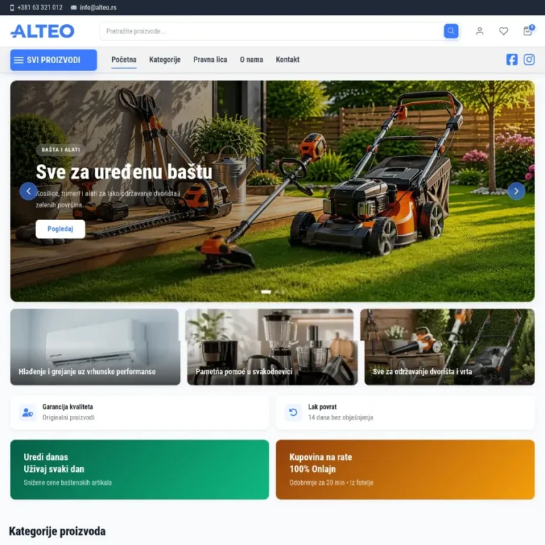 Početna strana web prodavnice Alteo sa pretragom i kategorijama