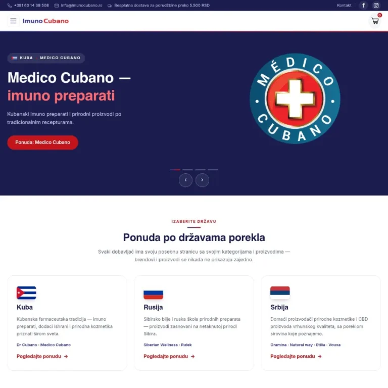 Prodavnica Imuno Cubano sa ponudom po zemlji porekla